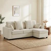 HOMCOM Ecksofa mit umkehrbarer Chaiselongue, 3-Sitzer Sofa mit Samtoptik, breite und tiefe Sitzfläche, Federkissen, Beige(m-10)