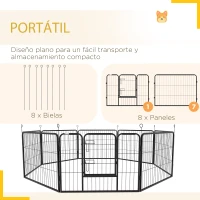 PawHut Corralito para Perros de 8 Paneles 80x60 cm con Forma Personalizable Puerta Marco de Acero y 8 Anclajes de Tierra Negro(m-5)