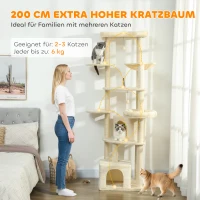 PawHut 2 meter hoge krabpaal voor 2-3 katten, krabpalen, holen, hangmat, verstopplekken, meerlaagse uitvoering, sisal, hout, pluche, Beige(m-4)