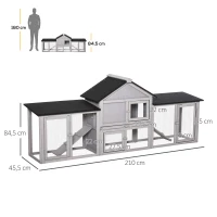 PawHut Conejera de Exterior Grande Jaula de Madera para 2-4 Conejos con Techo Asfáltico Recinto de Alambre Bandeja Extraíble y Rampas 210x45,5x84,5 cm Gris y Negro(m-3)