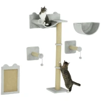 PawHut 5-delig wandgemonteerd klimset voor huiskatten met krabpalen, krabmat, kattenbed, speelballen, Lichtgrijs(m-11)