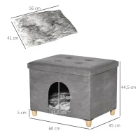 PawHut Cueva para Gatos 2 en 1 Taburete Reposapiés con Tapa Extraíble Orificio de Entrada Cojín Lavable y Patas Elevadas de Madera para Interior 60x45x44,5 cm Gris(m-3)