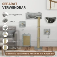 PawHut 5-teiliges wandmontiertes Kletterset für Hauskatzen mit Kratzpfosten, Kratzmatte, Katzenbett, Spielzeugbällen, Hellgrau(m-5)