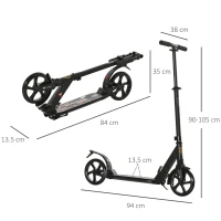 HOMCOM Patinete Plegable Scooter con Manillar Altura Ajustable Patinete Ligero para Adultos y Niños (más de 14 años) Tipo Monopatín con Freno Grandes Ruedas Ø200 mm Aluminio Carga 100kg(m-3)