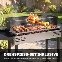 Outsunny Holzkohlegrill Grill BBQ-Grill, verstellbares Rost, 1 Drehspieß, 118 x 32 x 90 cm, Schwarz + Silber(m-4)