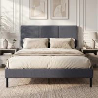 HOMCOM Bettgestell 140 x 200 cm mit verstellbarem Kopfteil, gepolstertes Bett in Leinenoptik mit 12 Latten(m-2)