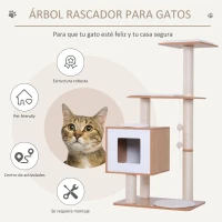 PawHut Árbol Rascador para Gatos de Madera 71,5x49,5x120 cm Torre de Gato con Cueva Plataformas Postes Rascadores de Sisal Cojines de Felpa Suave y Bolas Colgantes Natural(m-4)