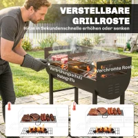 Outsunny Holzkohlegrill Grillwagen mit 2 Grillzonen höhenverstellbarer Grillrost Holzablage Räder Seitengriff, 103 x 46,5 x 100cm(m-5)