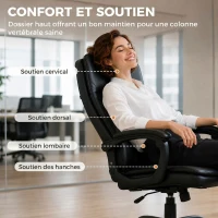 HOMCOM Chaise bureau ergonomique, fauteuil de bureau en PU, hauteur réglable, fonction bascule, pivotante 360°, noir(m-4)