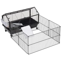 Pawhut Kleintierkäfig mit Freigehege inkl. Zubehör 88 cm x 128,5 cm x 56 cm  4 Rollen Schwarz Metall Polypropylen(m-11)