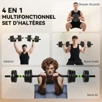 SPORTNOW Kit haltères musculation haltères réglables 20 kg 3 en 1, ensemble de poids réglable avec barre d'extension noir(m-4)