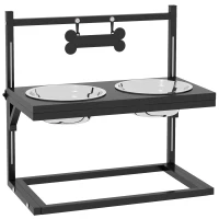 PawHut Comedero Elevado para Perros con 2 Tazones de Acero Inoxidable Altura Ajustable y 1 Placa de Metal 40,5x22x39 cm Negro(m-1)