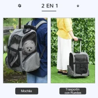 PawHut Transportín Carrito para Mascotas 2 en 1 Mochila de Viaje con 2 Ruedas para Perros Gatos con Asa Retráctil de Aluminio y Bolsillos de Almacenaje 42x25x55 cm Gris(m-4)