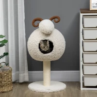 HOMCOM Kratzbaum für Katzen, Schafdesign inkl. Katzenhöhle u. Kratzstamm, waschbares Kissen, Cremeweiß + Braun(m-7)