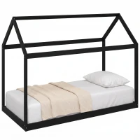 HOMCOM Single Bed Frame, House-Scandinavian-Style Wooden Bed Frame for 90W x 190D cm Mattress, Black(m-14)