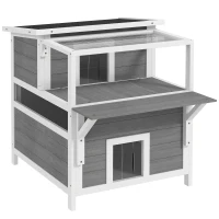 PawHut 2-stöckiges Katzenhaus mit Balkon, Wetterfeste Katzenhütte, Regen- und Sonnenschutz, für drinnen und draußen, Hellgrau(m-1)