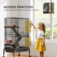 PawHut Jaula para Animales Pequeños de 4 Niveles con Ruedas Rampas Cuenco Botella de Agua 69x44x120 cm Negro(m-6)