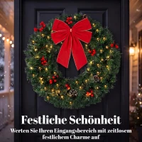 HOMCOM Kerstkrans 60 cm, deurkrans in Crestwood-sparrenlook met strik, 50 leds, 140 takpunten, 8 lichtstanden(m-4)