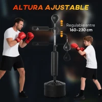 HOMCOM Saco de Boxeo de Pie 4 en 1 Ajustable en Altura con 2 Bolas Barra y Base Rellenable Agua o Arena 88x50x160-230 cm Negro(m-5)