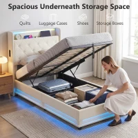 HOMCOM 3ft Single Bed Frame with Headboard, Platform Bed Frame with Hydraulic Storage, LED Lights and Charging Station, White(m-4)