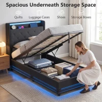 HOMCOM 3ft Single Bed Frame with Headboard, Platform Bed Frame with Hydraulic Storage, LED Lights and Charging Station, Black(m-4)