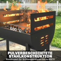 Outsunny Holzkohlegrill Grillwagen mit 2 Grillzonen höhenverstellbarer Grillrost Holzablage Räder Seitengriff, 103 x 46,5 x 100cm(m-8)