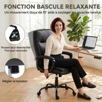 HOMCOM Chaise bureau ergonomique, fauteuil de bureau en PU, hauteur réglable, fonction bascule, pivotante 360°, noir(m-6)