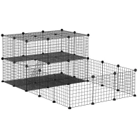 PawHut Freigehege aus Metall DIY Kleintierauslauf 2-stöckig Kleintierkäfig mit Tür und Leiter für Chinchilla Kaninchen Meerschweinchen 33 Platten Metallgitter Schwarz 175 x 105 x 70 cm(m-1)