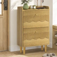 HOMCOM Narrow Shoe Cabinet, Modern Shoe Storage Cabinet with 2 Flip Drawers, Oak(m-8)