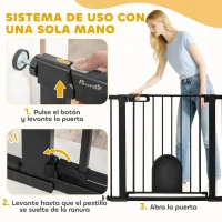 PawHut Barrera de Seguridad para Perros Extensible 75-103 cm, para Puertas y Escaleras, Barrera para Perros con Puerta Pequeña, 2 Extensiones, Montaje a Presión y Doble Bloqueo, Negro(m-4)