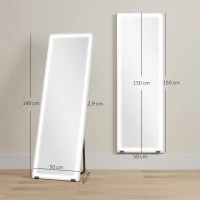 HOMCOM Miroir sur Pied avec LED 150 x 50 cm, 3 Couleurs, Dimmable, Fonction de Mémoire, Verre Trempé 4 mm, Transparent(m-3)