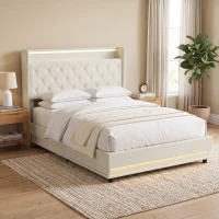HOMCOM 4ft6 Double Bed Frame with Headboard, Platform Bed Frame with Hydraulic Storage, LED Lights and Charging Station, Cream(m-8)
