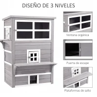 PawHut Caseta para Gatos de Madera Exterior Casa Grande para Gatos de 3 Pisos con Múltiples Entradas Ventanas y 2 Plataformas para Terraza Balcón Jardín 93,5x67x117 cm Gris(m-4)