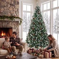 HOMCOM Árbol de Navidad Artificial Nevado 240 cm con 1773 Ramas Bayas Rojas Piñas Base de Acero Plegable Montaje Rápido Verde(m-9)