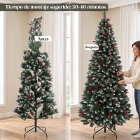 HOMCOM Árbol de Navidad Lápiz Nevado 210 cm con 818 Ramas Bayas Rojas Piñas Base Metálica Plegable Apertura Automática Verde(m-7)