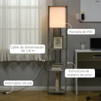 HOMCOM Lámpara de Pie de Madera con 3 Estantes Pantalla PVC Interruptor de Pie Estilo Moderno para Dormitorio Sala de Estar Salón Estudio 32x32x150 cm Roble Gris y Blanco(m-5)