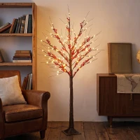 HOMCOM Árbol de Abedul Artificial 150 cm con 96 Luces LED Blanco Cálido Bayas Rojas Temporizador y 12 Ramas Flexibles Marrón(m-10)