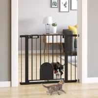 PawHut Barrera de Seguridad para Perros Extensible 75-103 cm, para Puertas y Escaleras, Barrera para Perros con Puerta Pequeña, 2 Extensiones, Montaje a Presión y Doble Bloqueo, Negro(m-2)