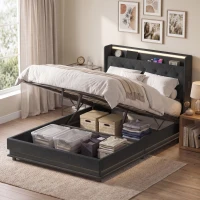 HOMCOM 4ft6 Double Bed Frame with Headboard, Platform Bed Frame with Hydraulic Storage, LED Lights and Charging Station, Black(m-9)