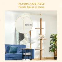 PawHut Árbol Rascador para Gatos de Suelo a Techo Torre para Gatos con Altura Ajustable 43x27x228-260 cm Marrón Claro y Beige(m-5)