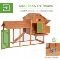 PawHut Gallinero Exterior con Ruedas 210x90x130 cm Jaula para Gallinas de Madera con Corral de Metal Techo Abatible Natural(m-5)