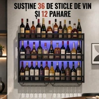 HOMCOM Suport de perete pentru vin cu LED, stil industrial, metal negru(m-4)