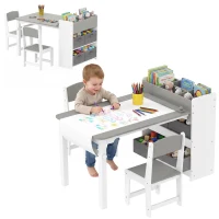 AIYAPLAY Set Masă și Scaune pentru Copii cu 2 Scaune și Măsuță Depozitare, din Lemn și Material Netesut, Gri și Alb(m-11)