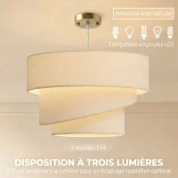 HOMCOM Suspension Luminaire à 3 Abat-Jour Effet Lin, Ampoule Non Incluse E14 40 W, Câble Réglable, Rosace Dorée, Beige(m-5)