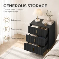 HOMCOM Modern 3-Drawer Dresser, Fluted Bedroom Dresser Chest of Drawers with Metal Legs and Steel Handles for Bedroom, Black(m-4)