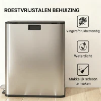 HOMCOM Dubbele keukenafvalbak 2 x 28L roestvrijstalen pedaalemmer met soft-close deksel, uitneembare binnenemmers(m-6)