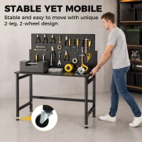 HOMCOM Banco de Trabajo con Tablero Perforado Mesa de Trabajo Plegable con Ruedas Marco de Acero Ganchos Negro(m-7)