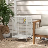 PawHut Jaula para Pájaros con Ruedas con Comederos Perchas Columpio y Bandeja Extraíble 48x46x78 cm Blanco(m-10)
