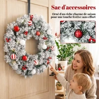 HOMCOM Couronne de Noël Lumineuse 60 cm Enneigée Floquée avec 50 LED, 15 Boules Décoratives, 140 Branches, 8 Modes, Vert(m-6)