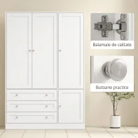HOMCOM Dulap Modern cu Bară pentru Umerașe, 3 Sertare și Raft Reglabil, Alb(m-7)